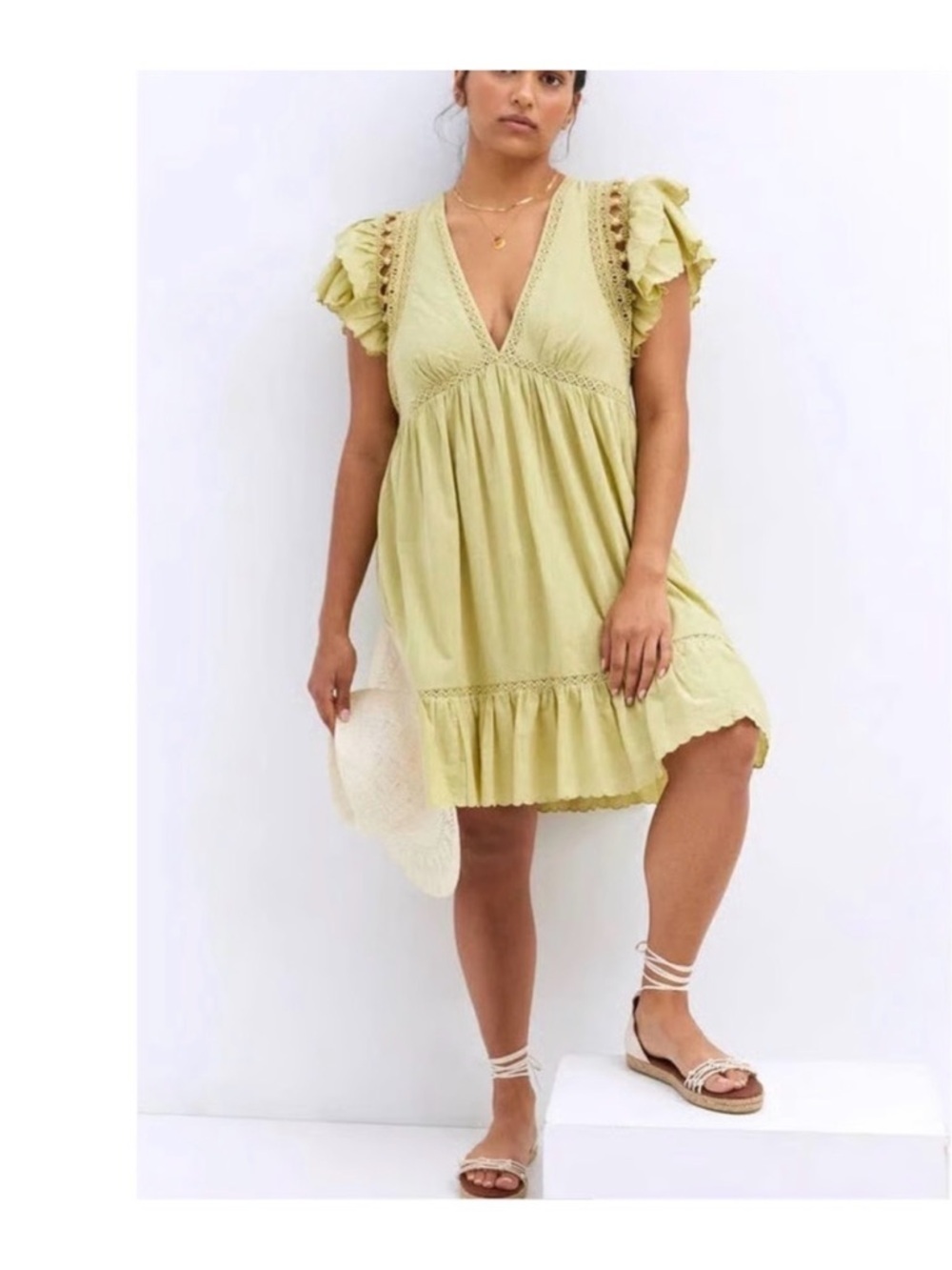 Anthropologie Cotton Boho Dress Cottagecore Lace Ruffle Mini L Resortwear Summer
